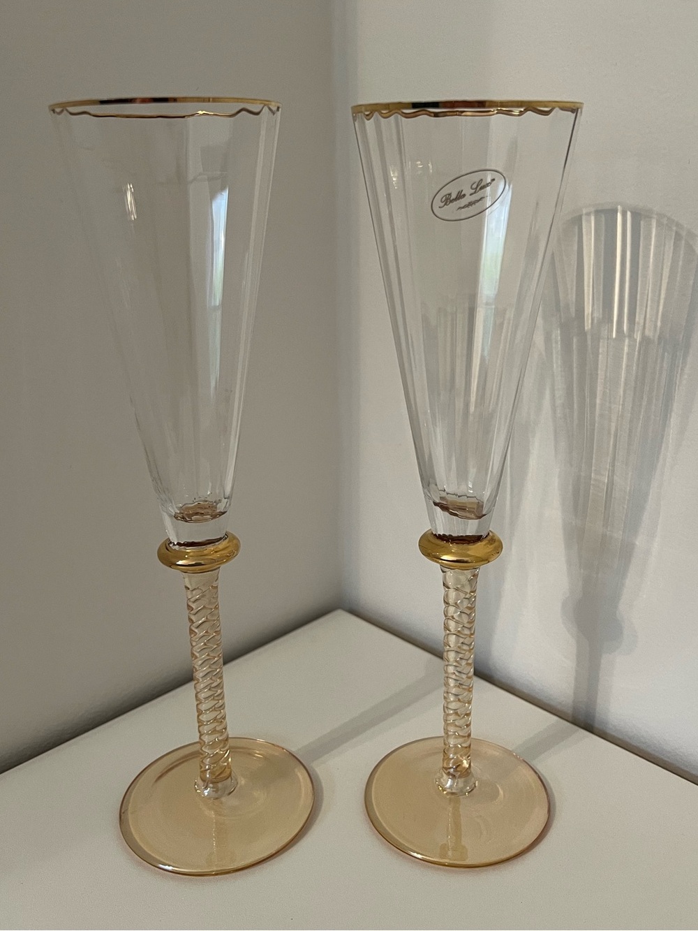 Pair of Bella Lux Champaign Flute with Optic Paneled Body and Twisted Stems